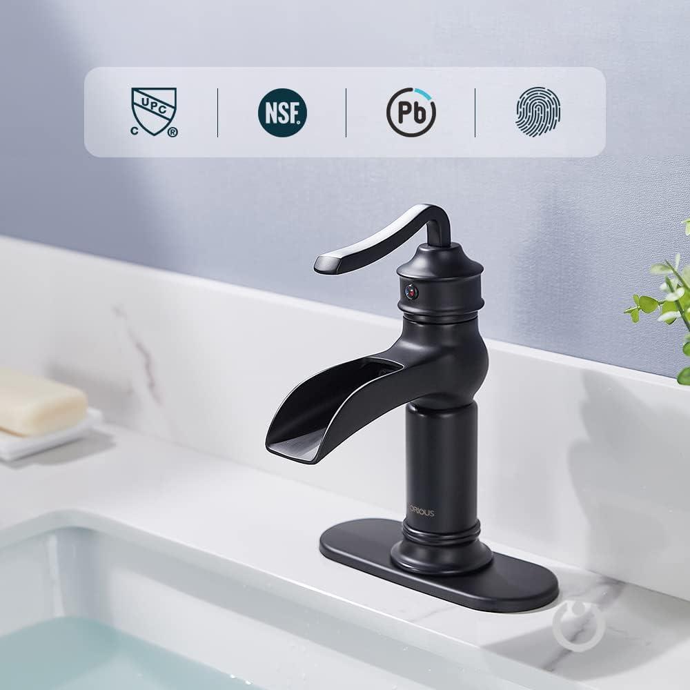 FORIOUS Black Waterfall Bathroom Faucet, Single Handle Antique Bathroom Sink Faucet with Deck Plate, Lead-Free CUPC Hose and Metal Pop-up Drain for 1 Hole or 3 Hole Farmhouse, Lavatory, Vanity