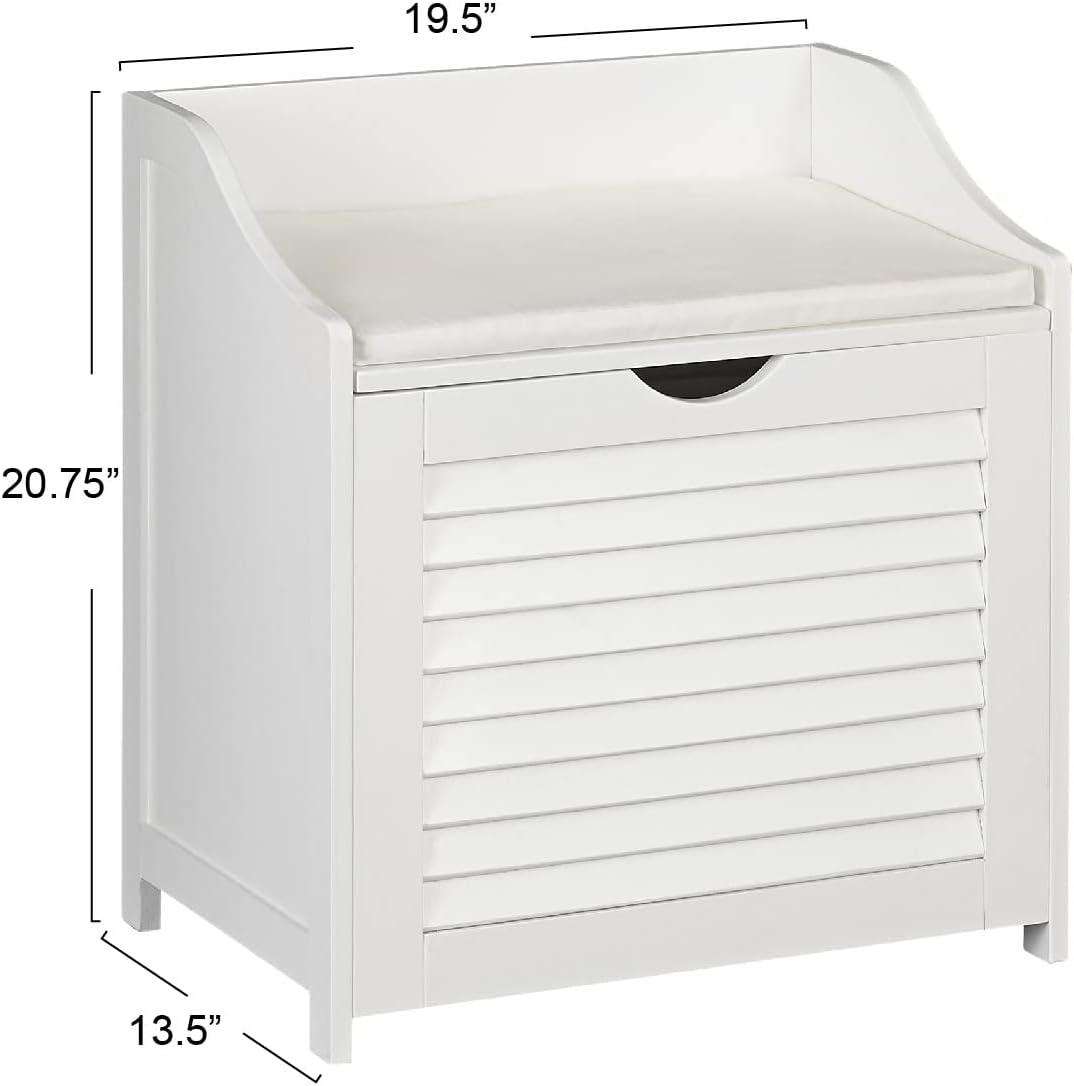 Household Essentials Design Trends Bench Hamper with Shutter Front and Foam Cushion White: Clothes Hamper with Lid, Removable Liner