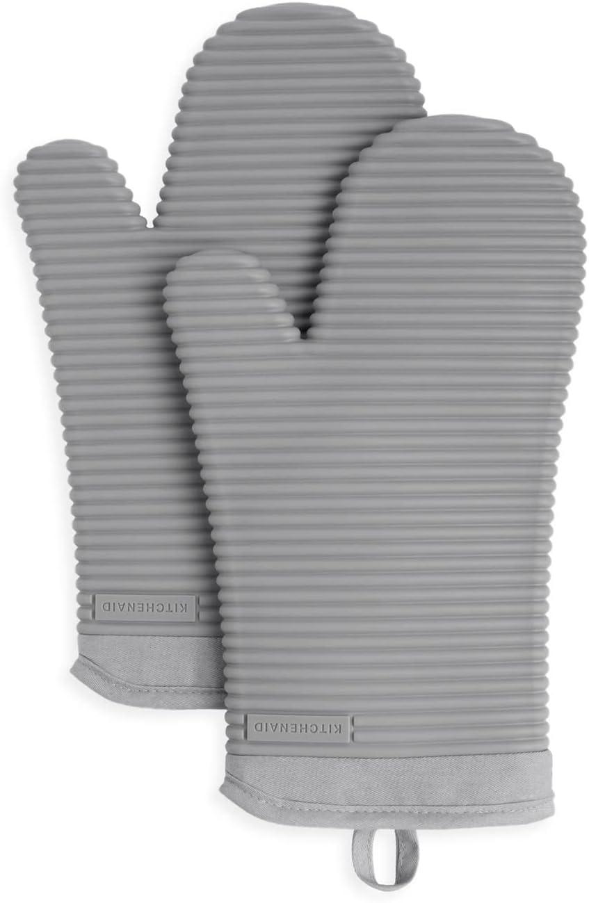 KitchenAid Matte Grey Ribbed Soft Silicone Oven Mitts, Set of 2