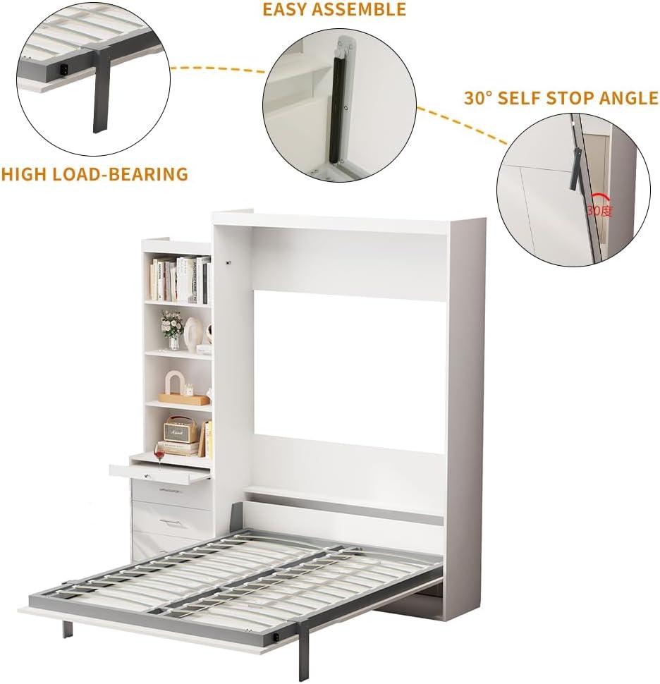 Bellemave Modern Full Size Murphy Bed with Storage Shelf and Drawers for Bedroom or Guestroom,Murphy Chest Bed Space-Saving Folding White Wall Bed with New Style,White