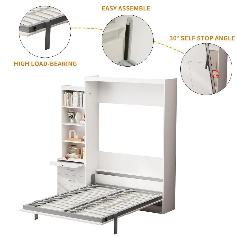 Bellemave Modern Full Size Murphy Bed with Storage Shelf and Drawers for Bedroom or Guestroom,Murphy Chest Bed Space-Saving Folding White Wall Bed with New Style,White