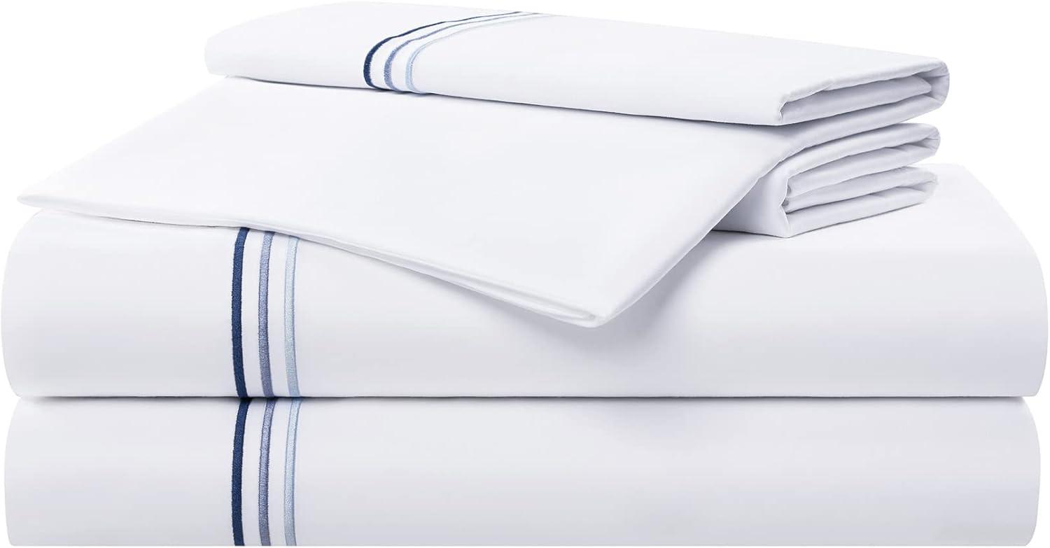 Lapis Blue Embroidered Cotton Sateen Full Sheet Set