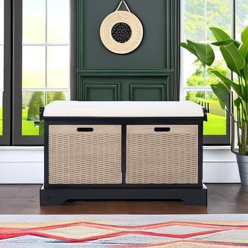 Landers 2 Drawer/Cushion Storage Bench - Black - Safavieh