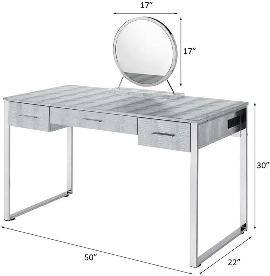 50" Myles Vanity Table Antique White, Chrome Finish - Acme Furniture: Built-in Outlet, USB, Storage