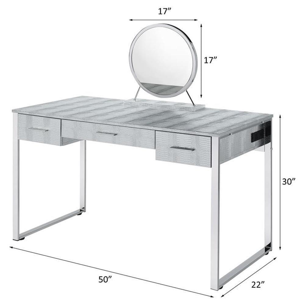 50" Myles Vanity Table Antique White, Chrome Finish - Acme Furniture: Built-in Outlet, USB, Storage