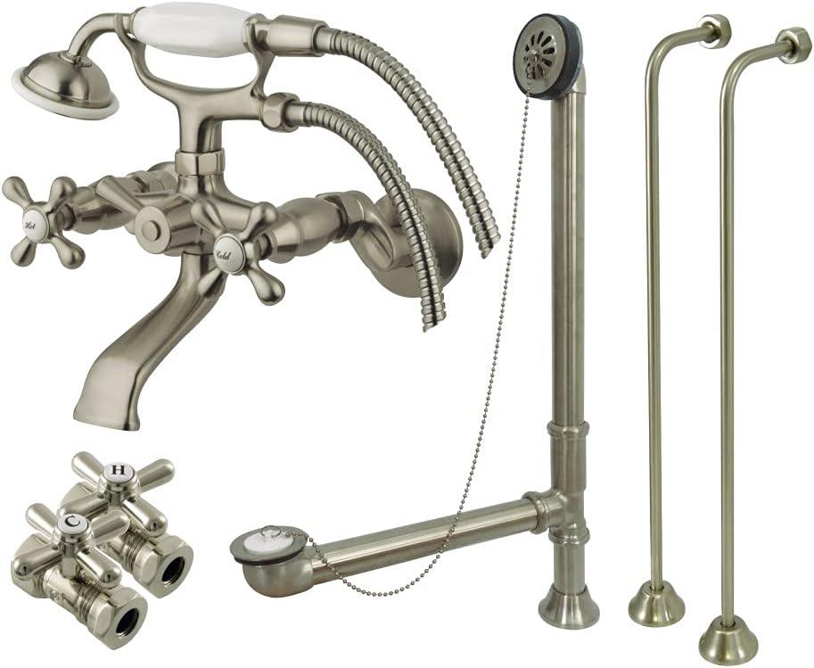 Kingston Brass Vintage Two-Handle 2-Hole Tub Wall Mount Clawfoot Tub Faucet Package with Supply Line, Hand Shower and Tub Drain