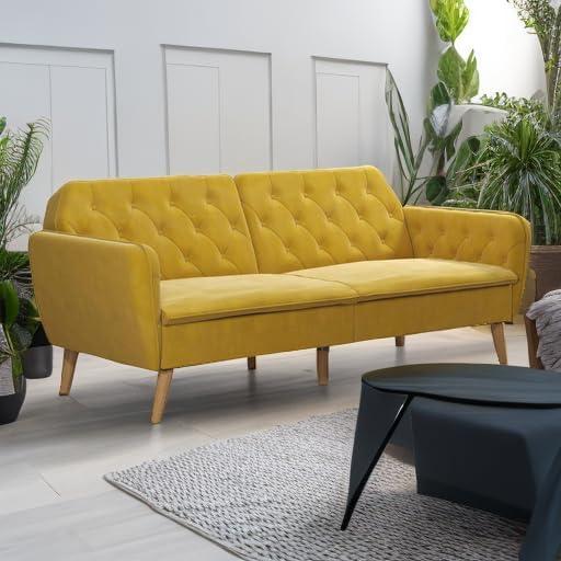 Tallulah Memory Foam Futon and Sofa Bed Mustard Yellow - Novogratz: Velvet Upholstery, Split-Back Design, Wooden Legs