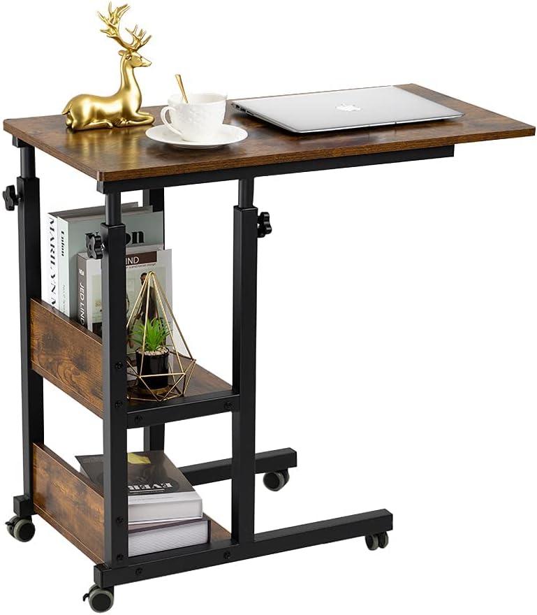 17 Stories Hadulcet C Shaped Side Table Adjustable, Height Adjustable C Table With Wheels And Storage Shelves For Couch Bed Recliner Rustic Brown