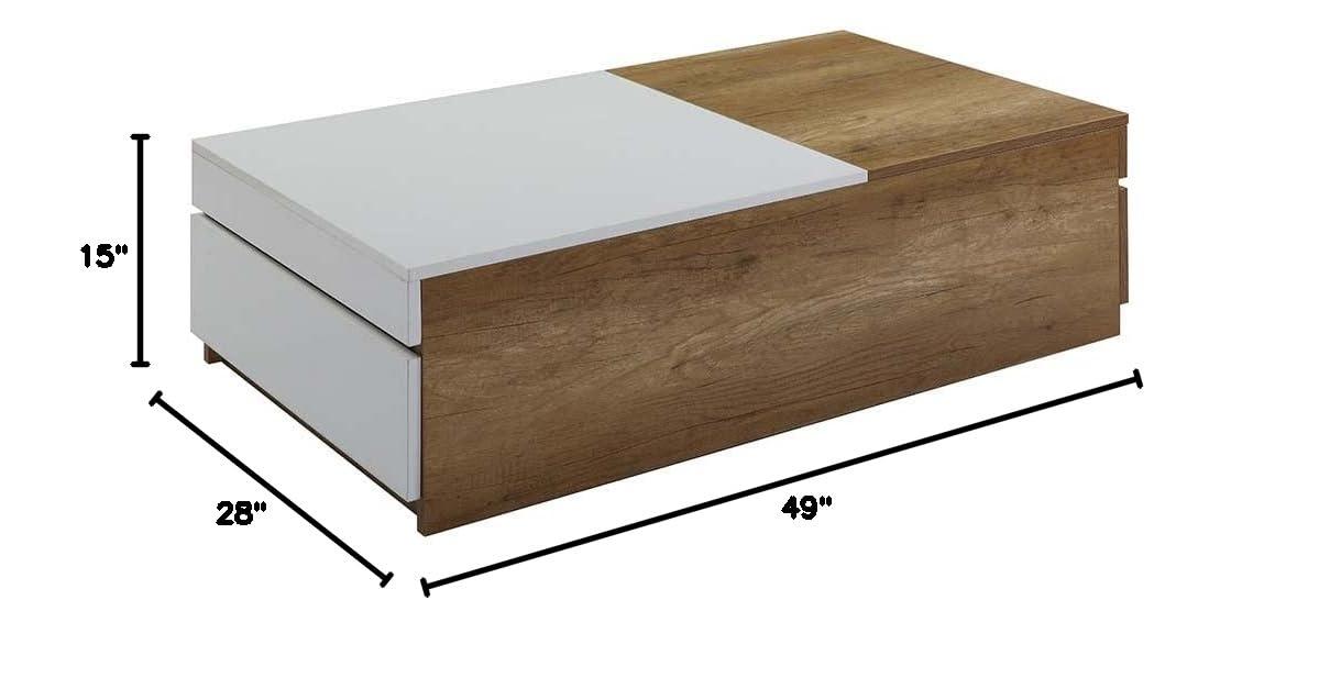 Aafje 49" Coffee Tables Oak/White Finish - Acme Furniture: Rectangular Living Room Table with Adjustable Shelves, Drawer
