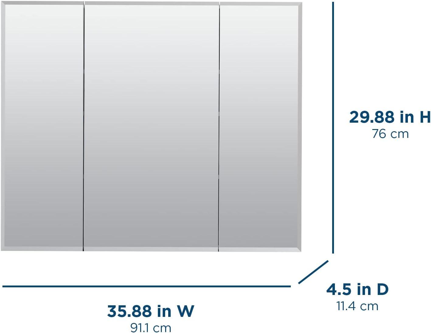 36" Silver Frameless Tri-View Medicine Cabinet with Beveled Edge