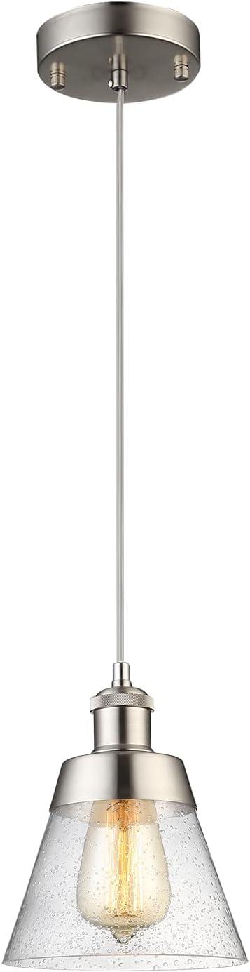 Modern Glass Pendant Light with Handblown Clear Seeded Glass Shade, One-Light Adjustable Industrial Mini Pendant Lighting Fixture for Kitchen Island Cafe Bar, Brushed Nickel