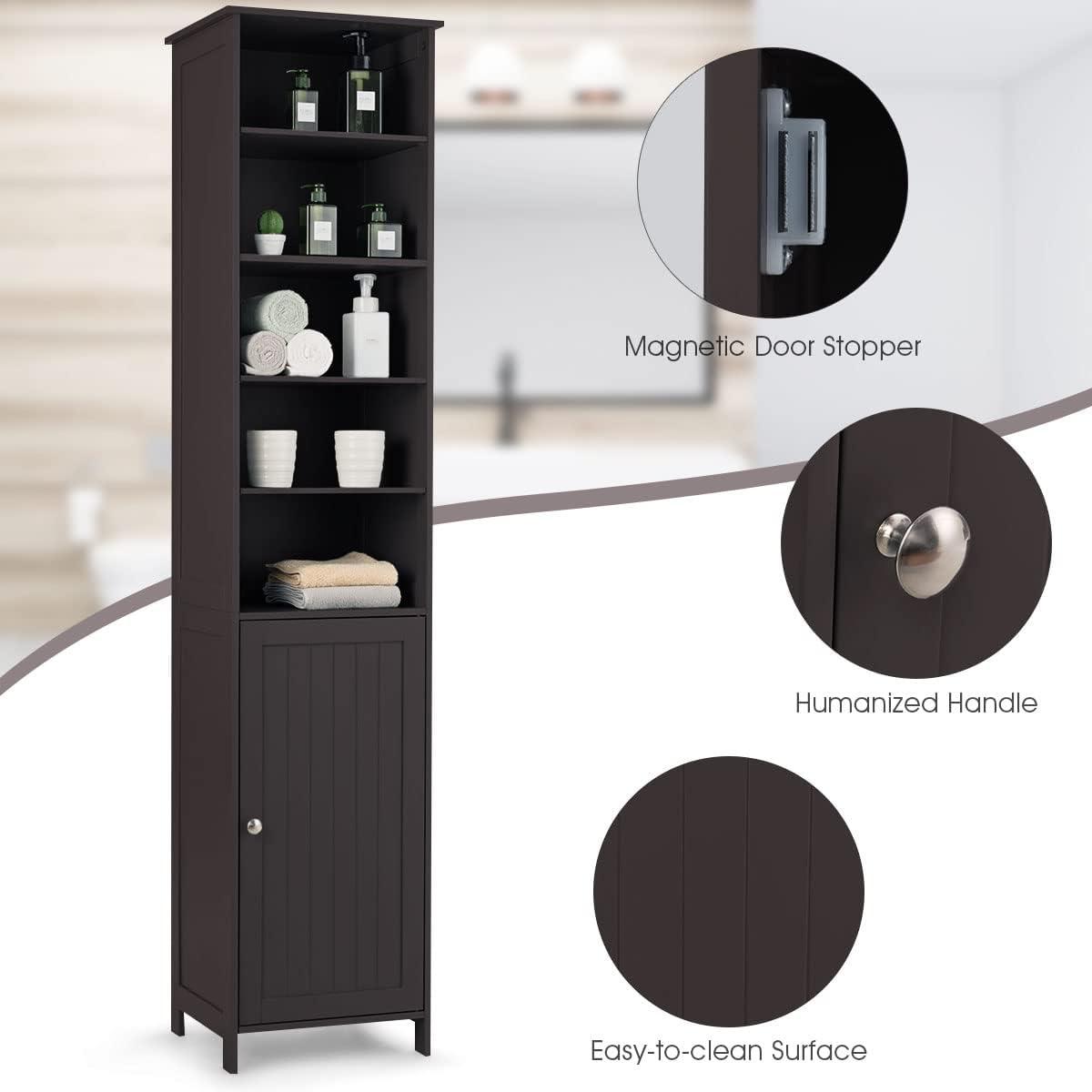 Costway 72''  Bathroom Tall Floor Storage Cabinet Freestand Shelving Display Brown
