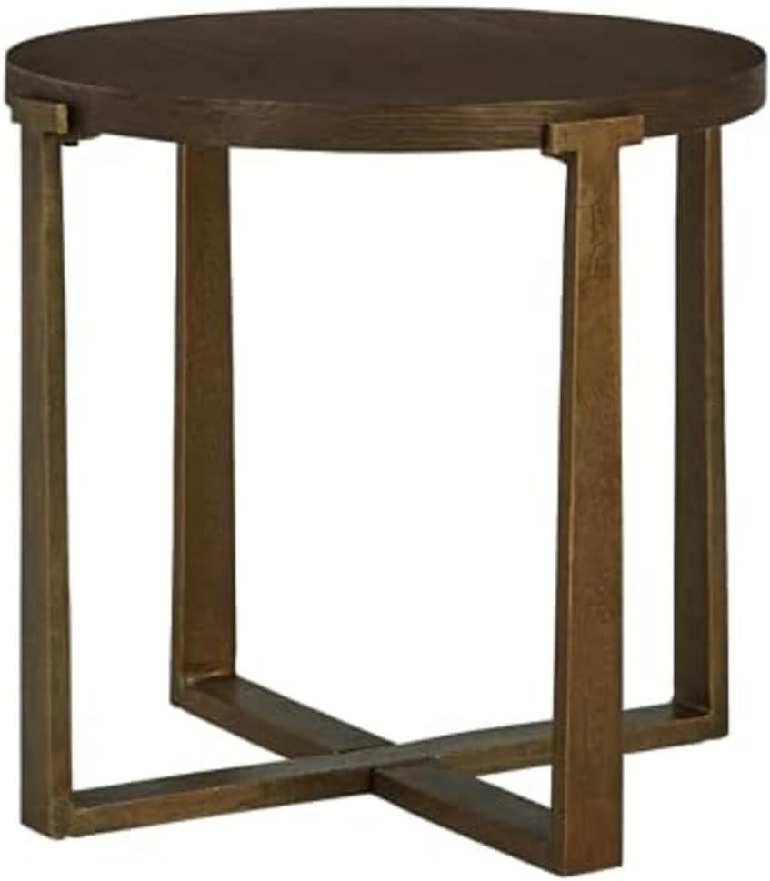 Contemporary Round Brown Wood and Gold Metal End Table