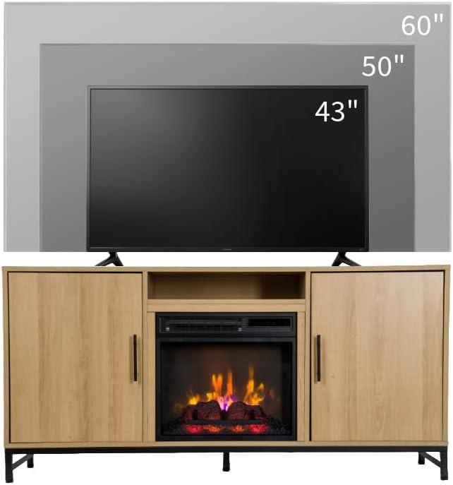 Modern Ember Rochester TV Stand, Entertainment Center, TVs up to 60", 2 Cabinets, 3 Shelves, with 18" Electric Fireplace