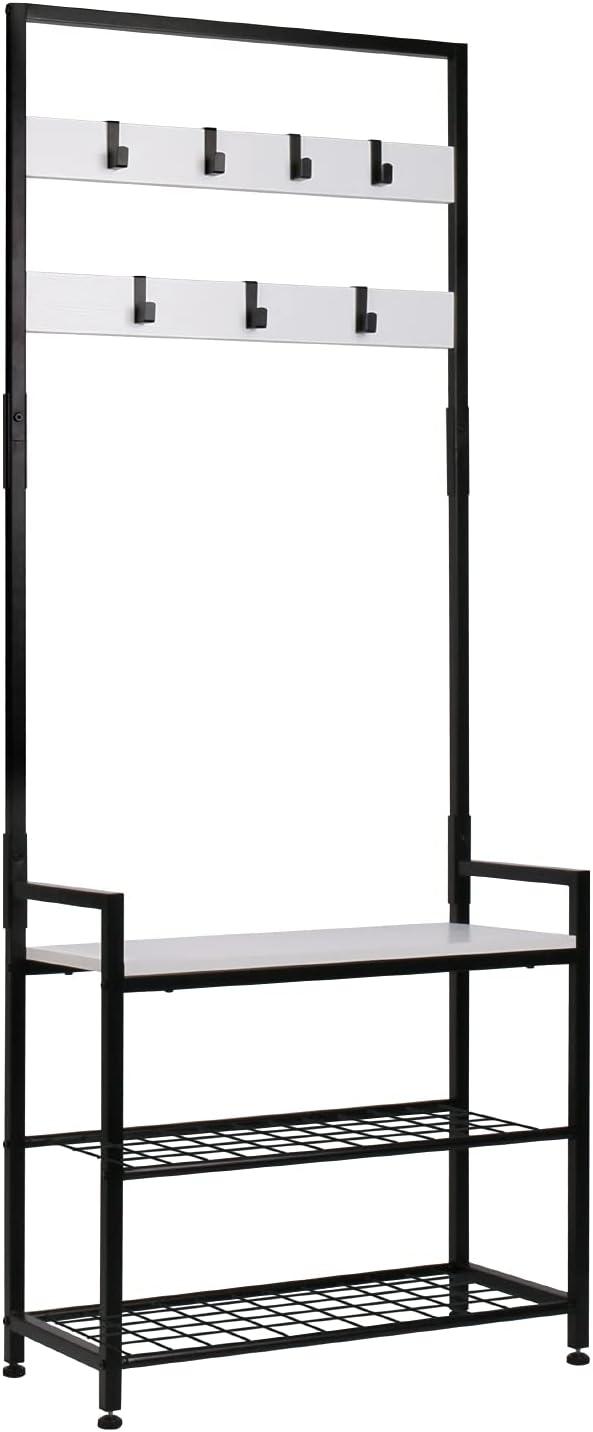 HOMEKOKO Coat Rack Shoe Bench, Hall Tree Entryway Storage Bench, Wood Look Accent Furniture with Metal Frame, 3-in-1 Design