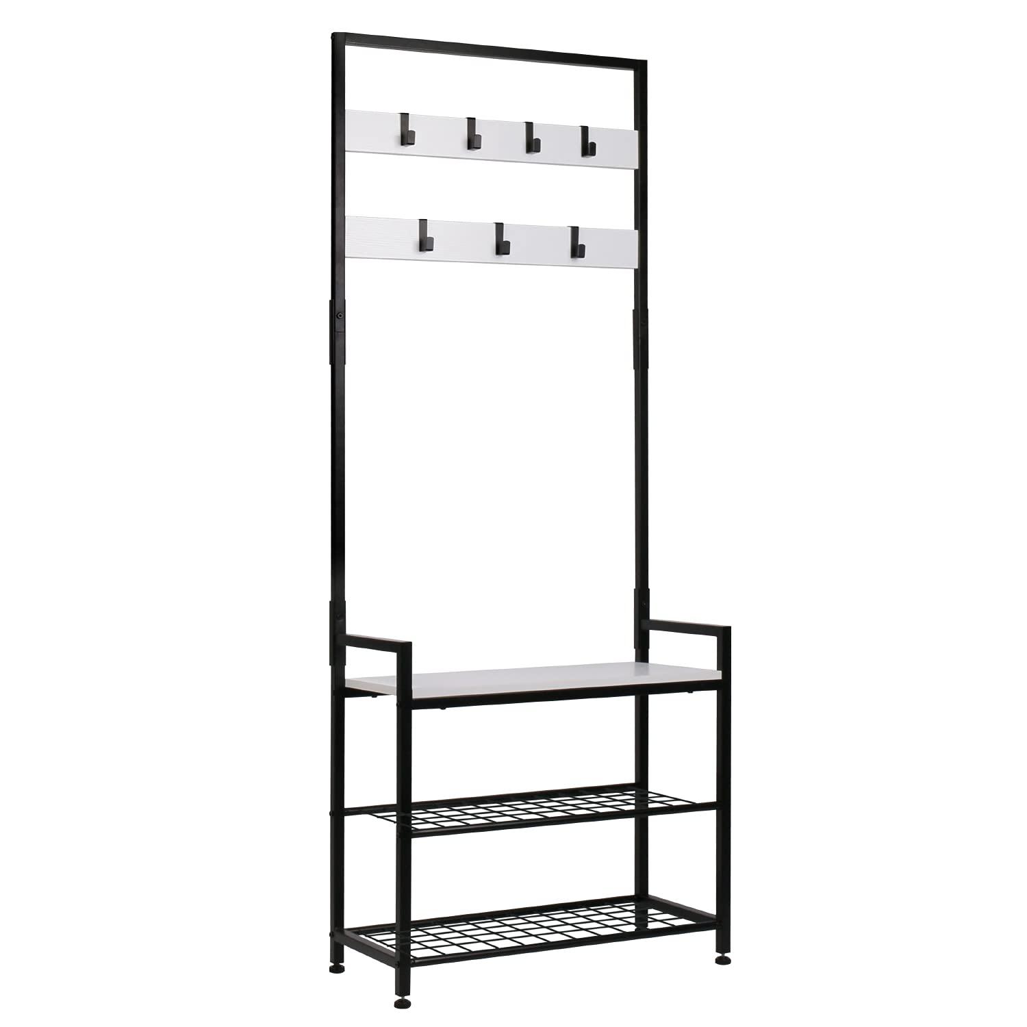 HOMEKOKO Coat Rack Shoe Bench, Hall Tree Entryway Storage Bench, Wood Look Accent Furniture with Metal Frame, 3-in-1 Design