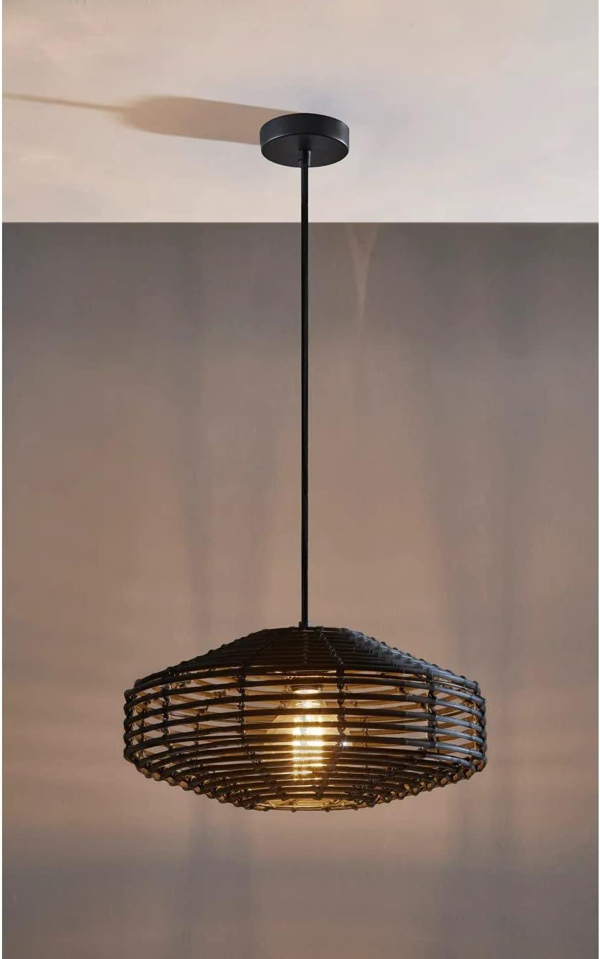 7" Kingston Pendant Ceiling Light Black - Adesso: Bohemian Rattan Design, Vintage Bulb Included