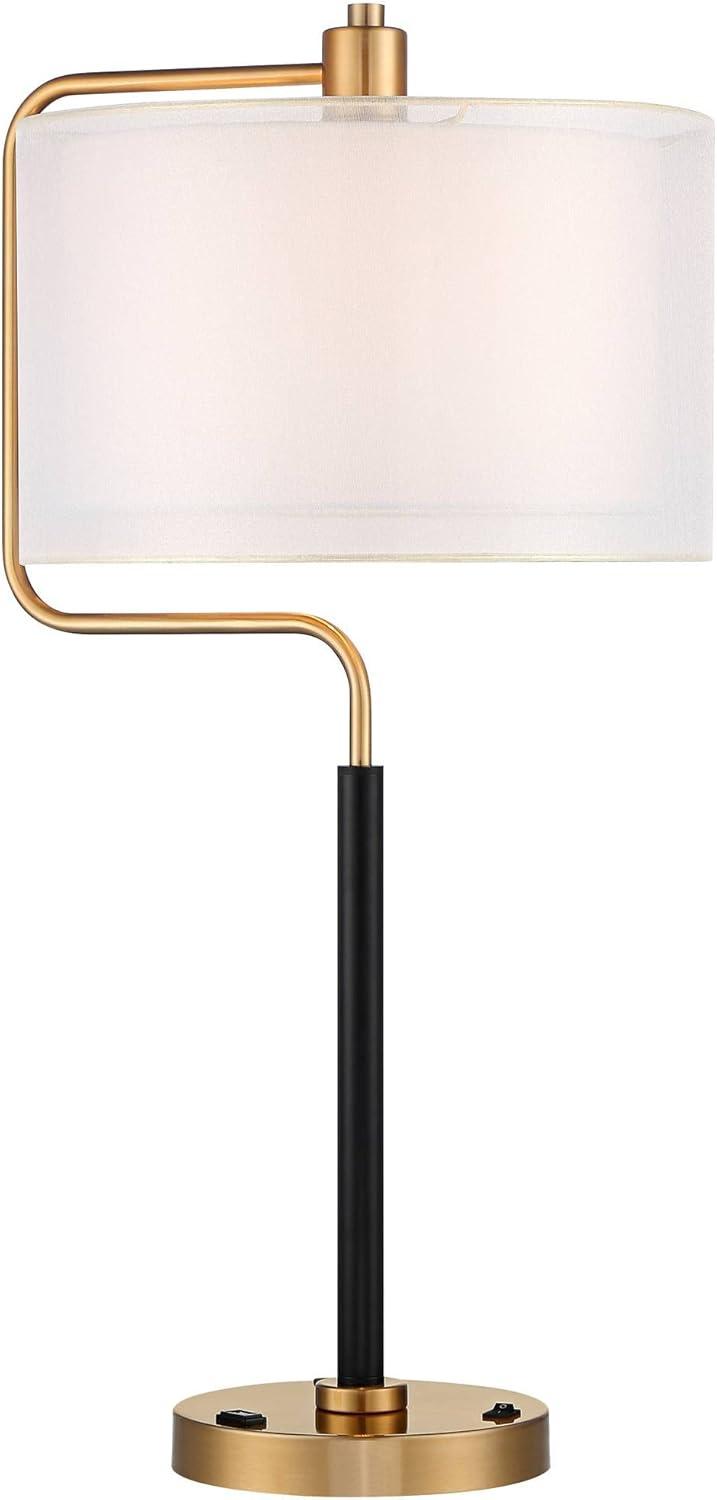 Possini Euro Design Carlyle Modern Mid Century Desk Lamp 30 1/2" Tall Gold with USB and AC Power Outlet in Base Double Drum Shades for Living Room