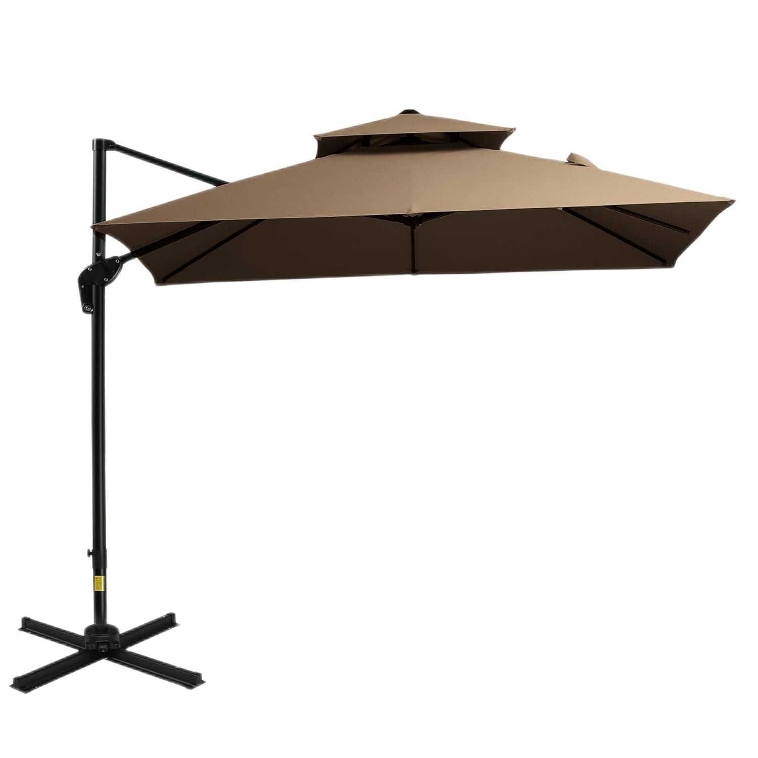 Outsunny 10ft Offset Patio Umbrella with Base, Double Top Hanging Aluminum Cantilever Umbrella with 360-degree Rotation, Easy Tilt, 8 Ribs, Crank, Cross Base, Cover, Strap