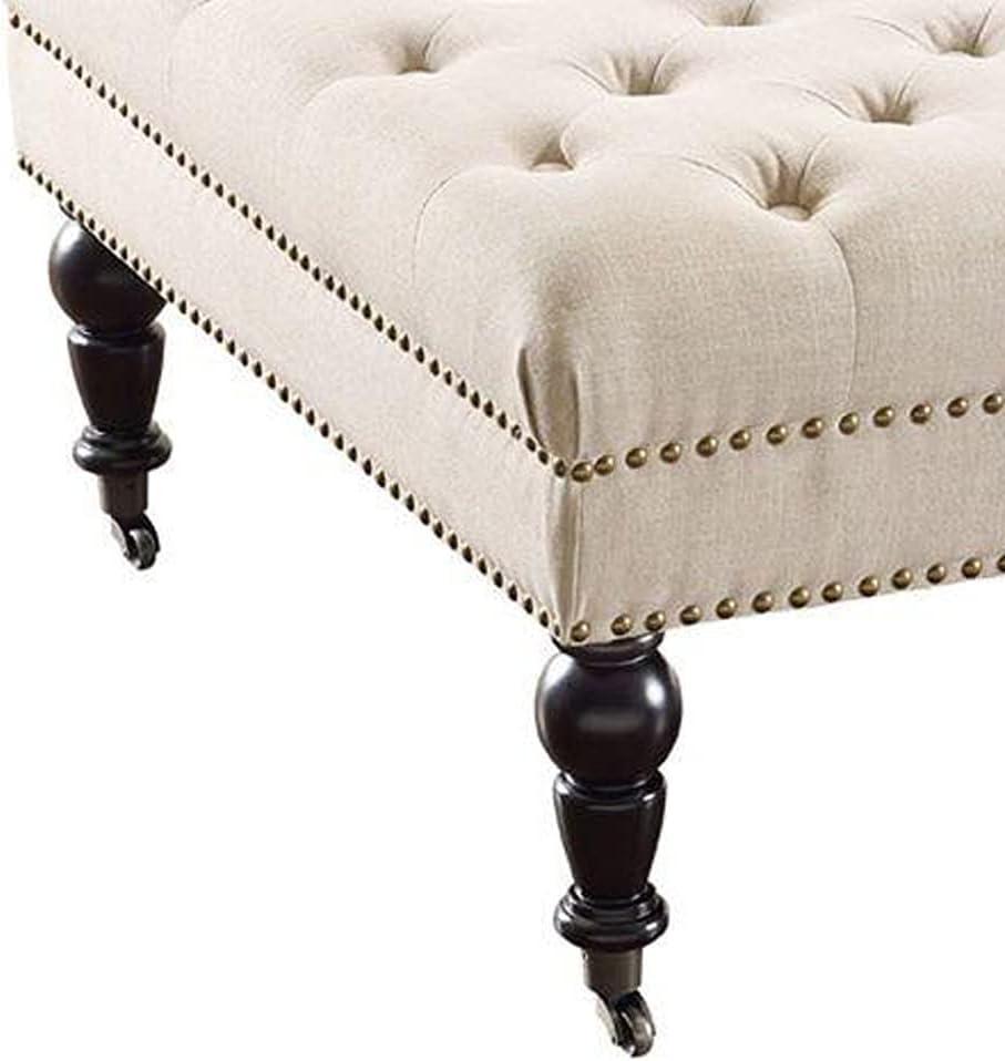 Isabelle 35" Tufted Linen Ottoman with Nailhead Accents