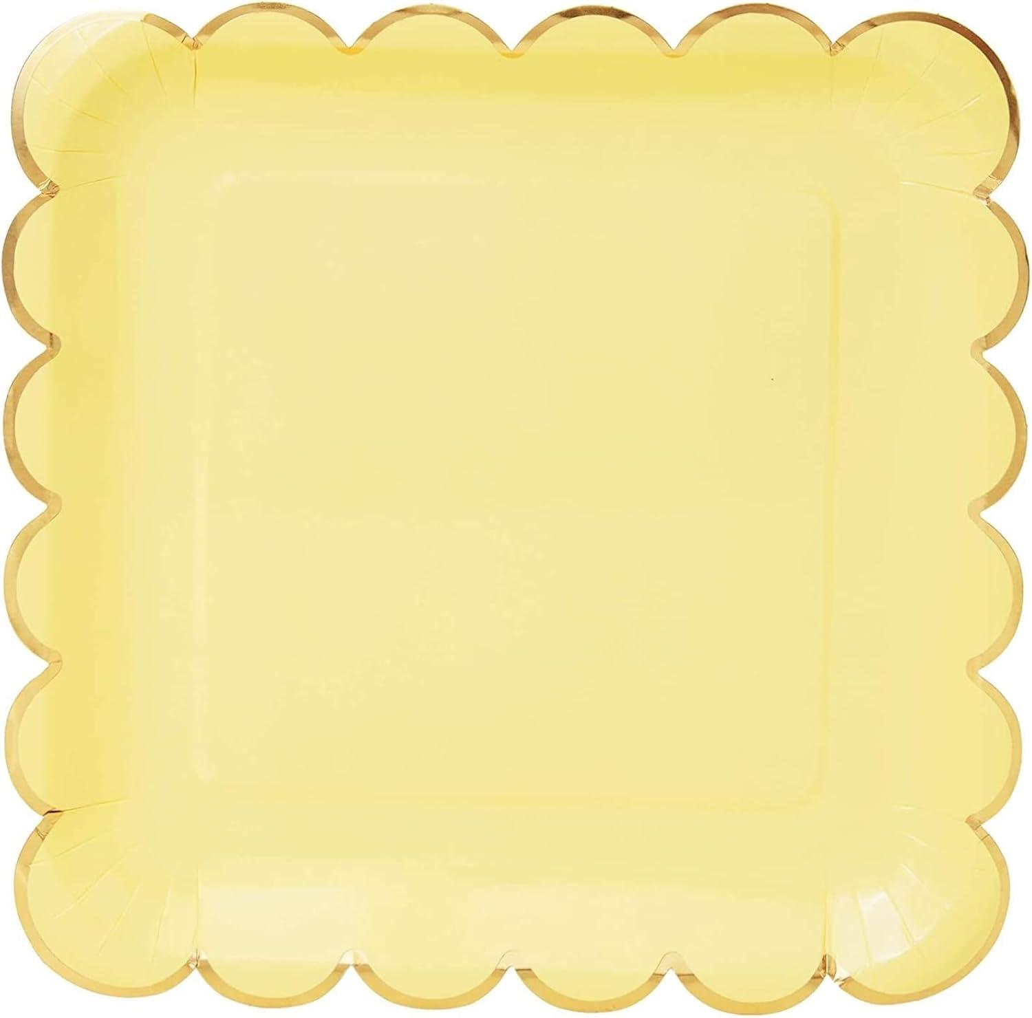 Sparkle and Bash 48-Pack Pastel Yellow Square Disposable Paper Plates, Gold Foil Scalloped Edge 9 In