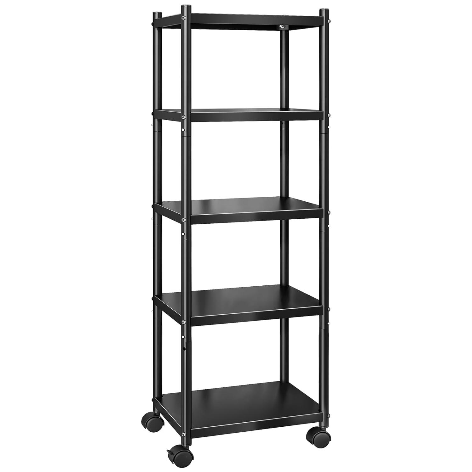 5-Tier Kitchen Storage Shelves, Adjustable Metal Shelves for Storage Pantry Shelves with Rolling Wheels, Storage Rack Shelving Unit Organizer for Bedroom Laundry Closet
