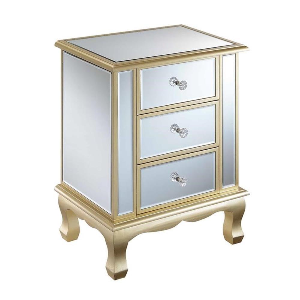 Gold Coast Vineyard 3 Drawer Mirrored End Table In White Wood and Mirrored Glass