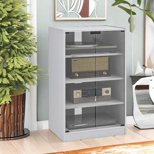 HOMCOM Media Cabinet, 4-Tier Stereo Cabinet, Record Player Stand with Vinyl Record Storage, Adjustable Shelves, Tempered Glass Doors and Cable Management, Distressed White