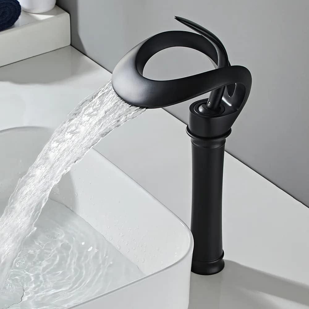 Tall Black Brass Waterfall Single Handle Bathroom Faucet