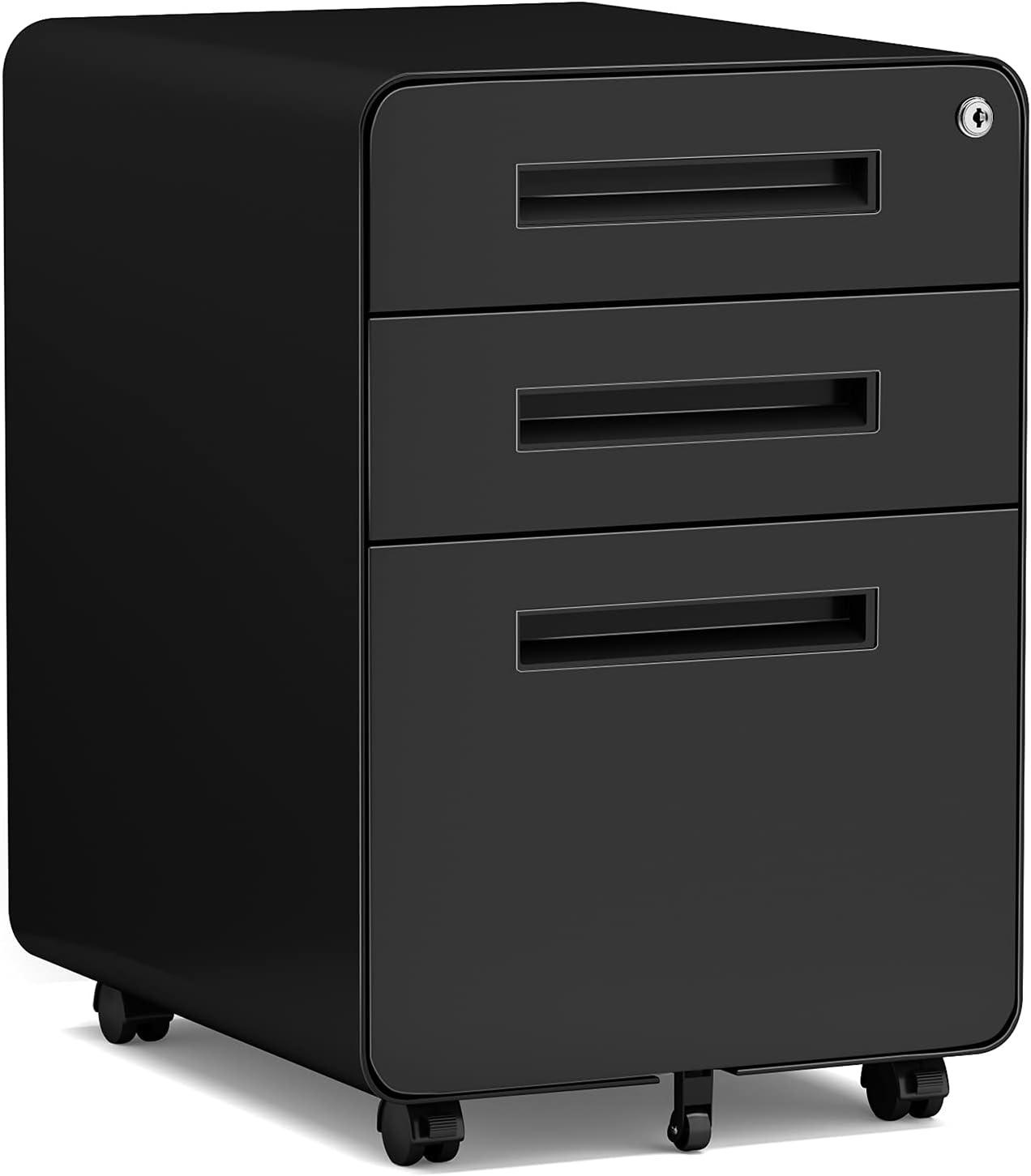 Keeomi Mobile Filing Cabinet 3 Drawer, Rolling Small File Cabinet with Keys Under Desk, Modern Black Filing Cabinet for Home Office with Anti-tilt Wheels, A4/Letter/Legal Hanging File Drawers