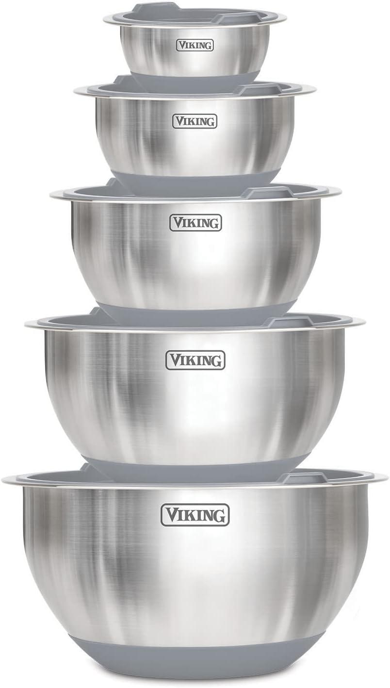 Viking 10-Piece Stainless Steel Mixing Bowl Set with Gray Lids