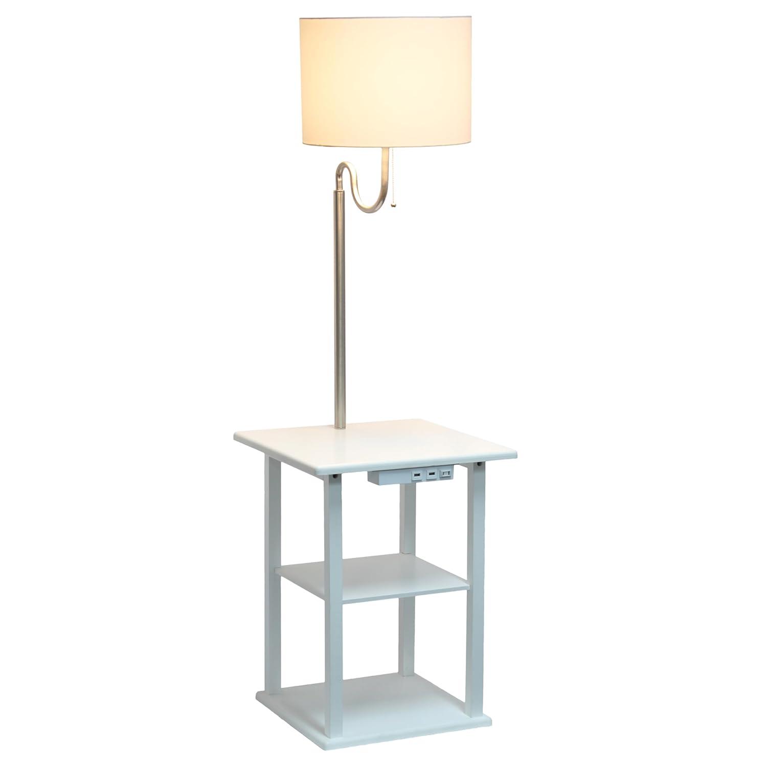 57 in. Modern 2 Tier End Table & White Drum Fabric Shade Floor Lamp with 2 x USB Charging Ports & Power Outlet, White