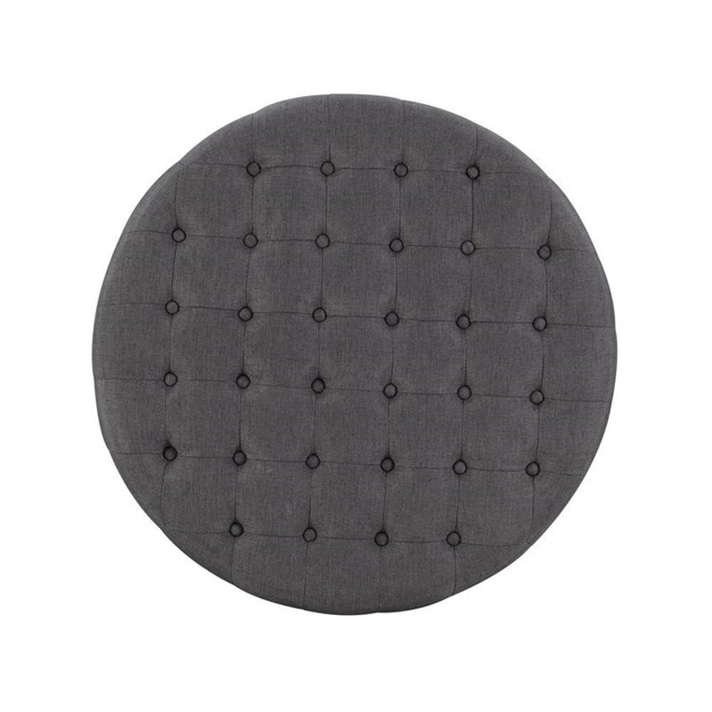 34.6" Isabelle Traditional Round Tufted Upholstered Wheeled Cocktail Ottoman Gray - Linon: Charcoal Linen, Silver Nailhead, Black Legs