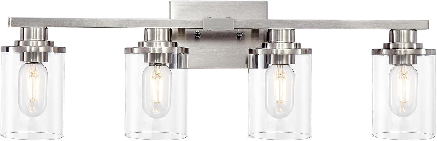 Brushed Nickel 4-Light Bathroom Vanity Fixture with Clear Glass Shades