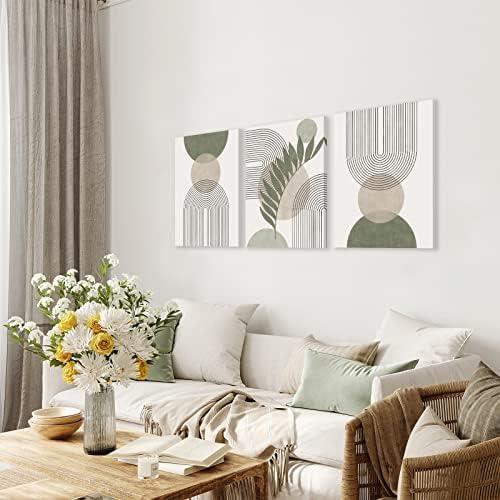 Sage Green Boho Wall Art Set of 3, Minimalist Framed Wall Art Geometric Line Leaf Sun Moon Beige Green Canvas Artwork Paintings, Abstract Botanical Boho Room Decor, Sage Green Wall Posters 12"x16"