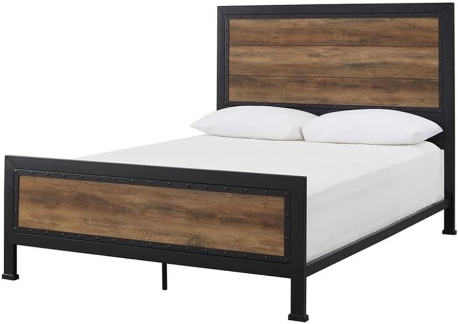 Rustic Oak Queen Bed with Metal Frame and Wood Headboard