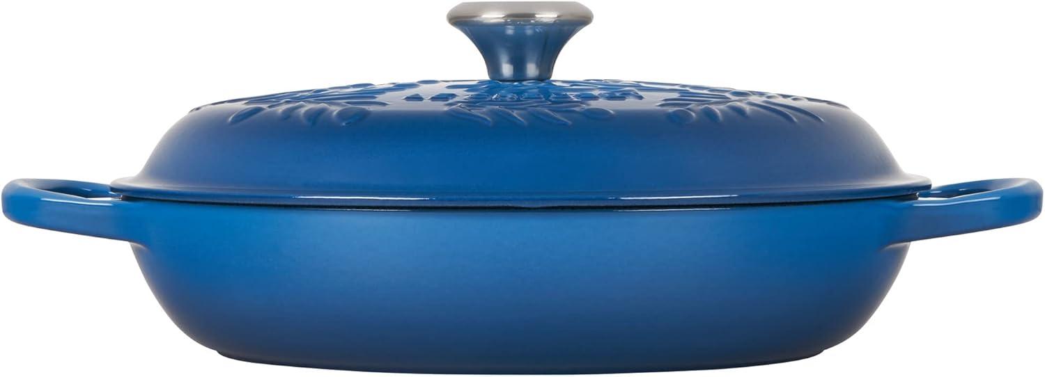 Blue Enameled Cast Iron Round Braiser with Embossed Lid, 3.5 Quarts