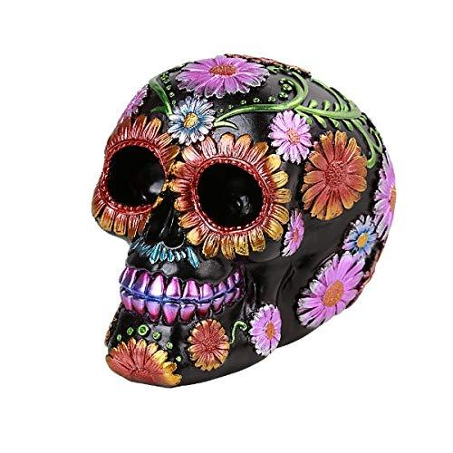 Ebros Black Day of The Dead Floral Blooms Sugar Skull Figurine Skulls 6" Long