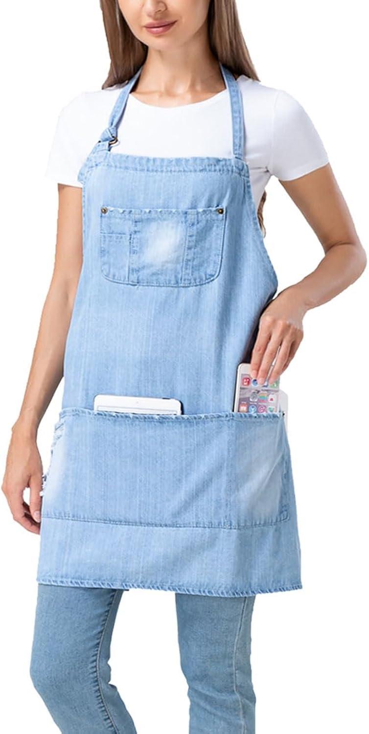 Jowcud Denim Apron With 5 Pockets for Cooking Kitchens,Hairstylist Aprons for Women Men,Adjustable Bib Jean Apron for Arts Gardening Cafes Bars Work C65