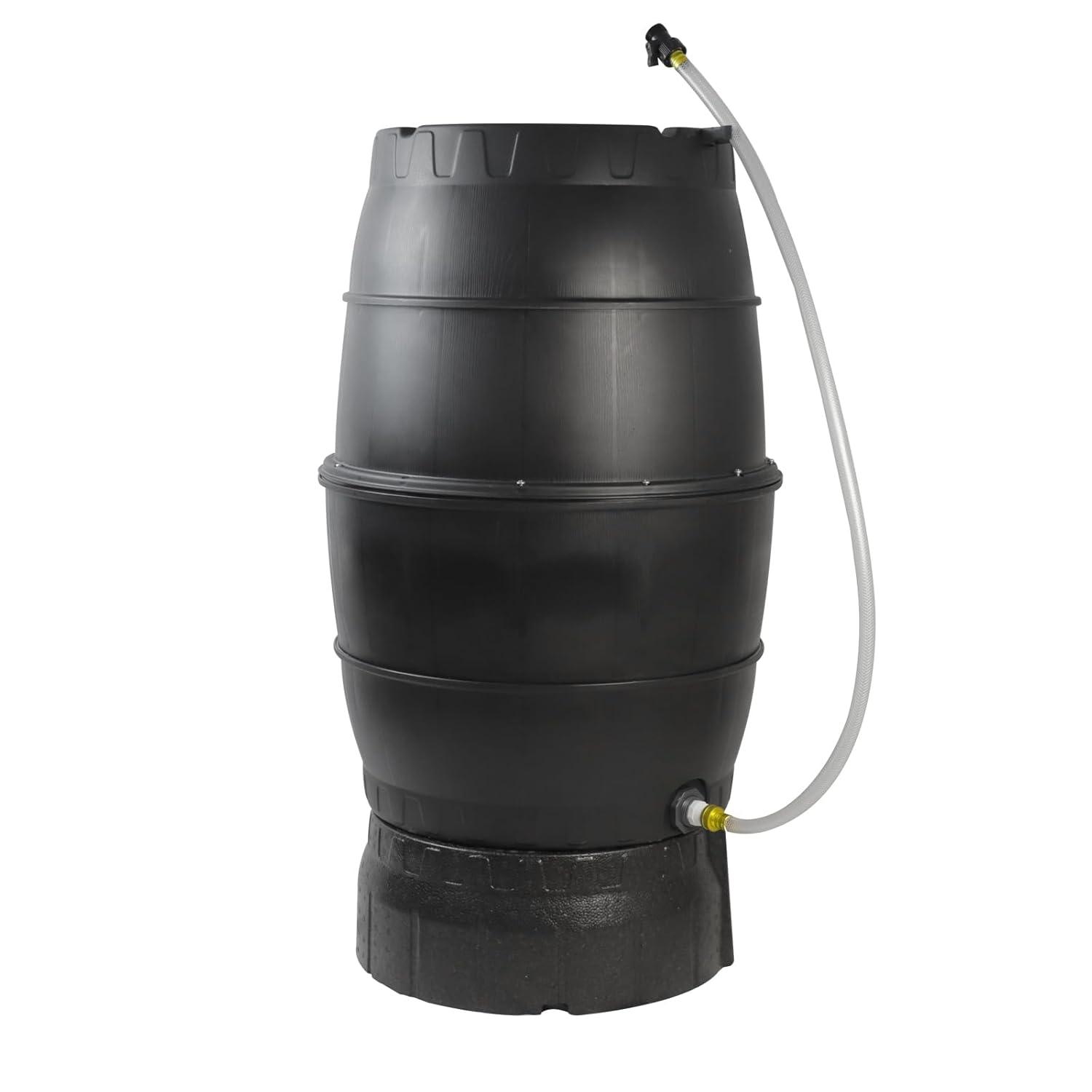 Black Cylindrical 50 Gallon Rainwater Collection Barrel with Stand