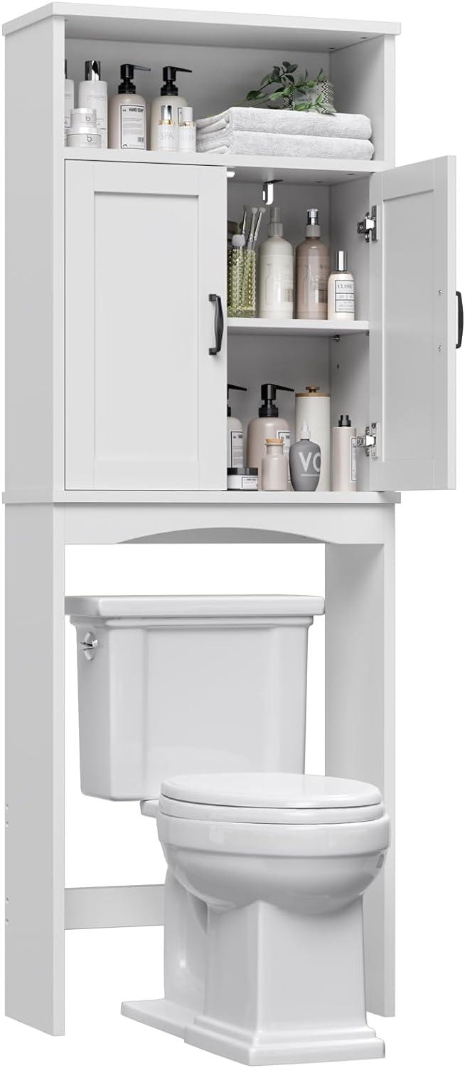 White Adjustable Over-the-Toilet Storage Cabinet with Glass Doors