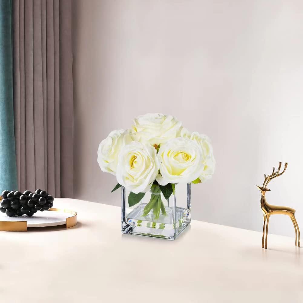 Enova Floral 7 Large Stems Artificial Silk Roses Fake Flowers Arrangement in Cube Glass Vase with Faux Water for Home Office Wedding Decoration (Cream)