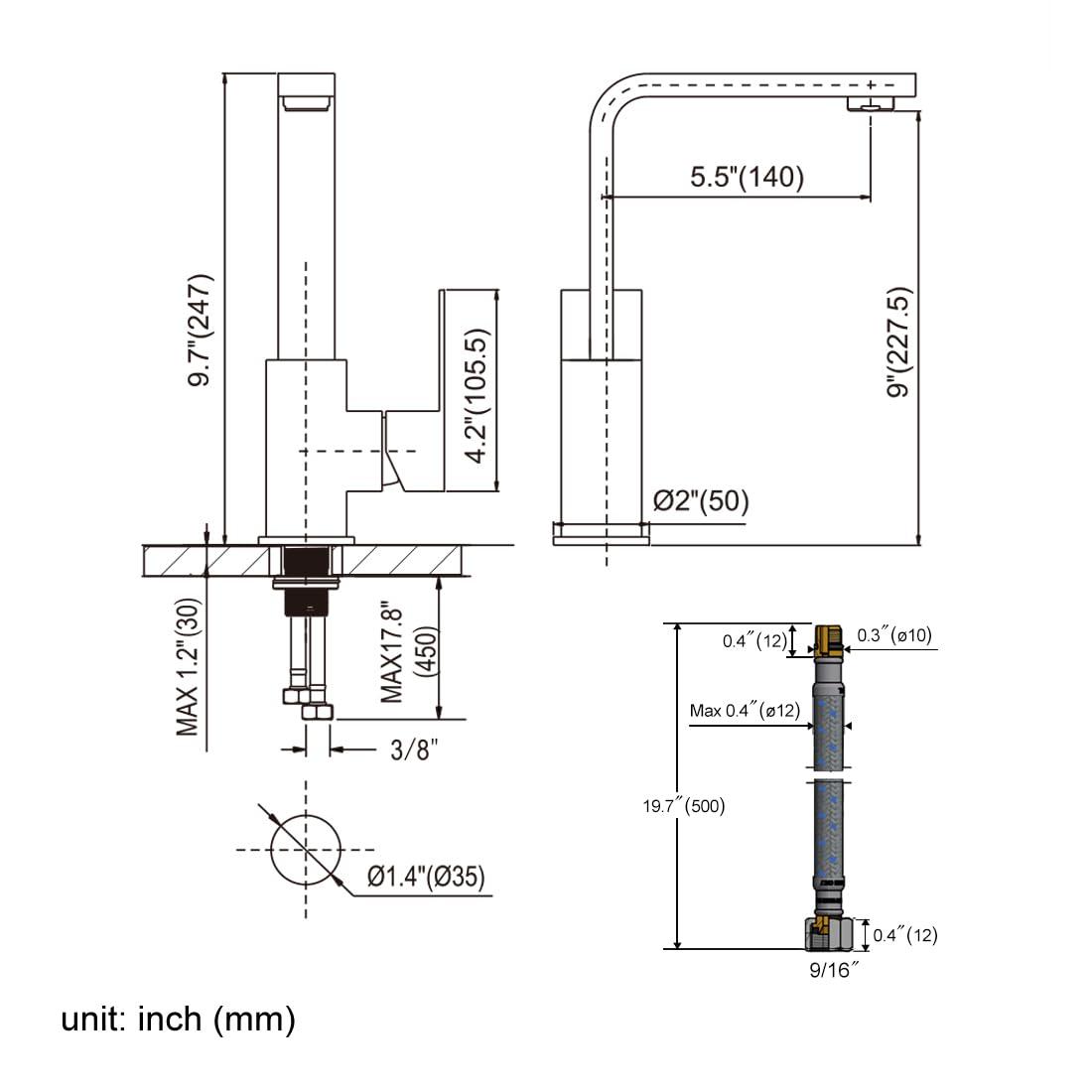 Modern Single Handle Bar Faucet with Water Supply Line in Black and Gold