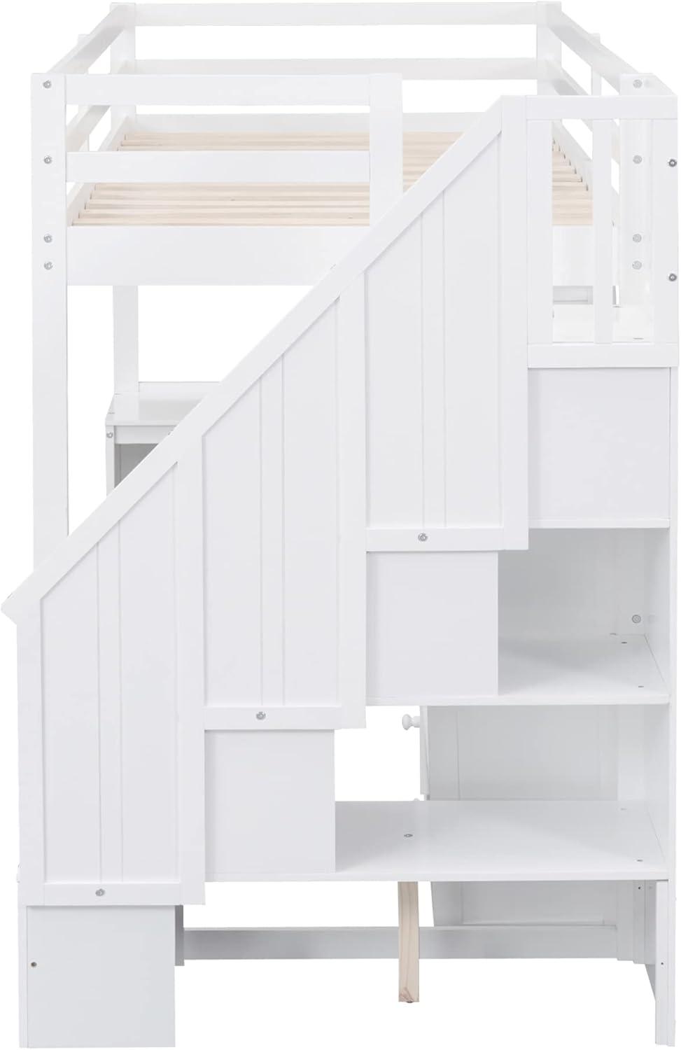 Bellemave Twin Size Loft Bed with Desk and Stairs Wood Loft Beds with Storage Cabinet and Bookcase High Loft Bed Frame with Staircase Shelves for Kids, Teen, Boys, Girls, White