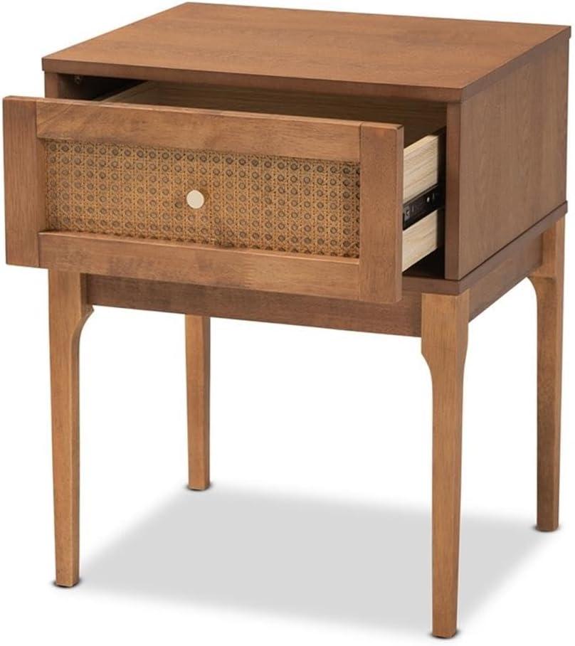 Baxton Studio Ramiel Ash Walnut Finished Wood and Rattan 1-Drawer Nightstand