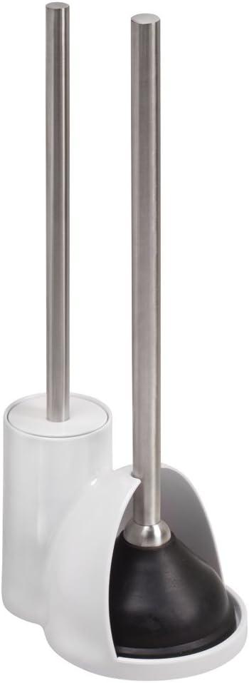 White Plastic Toilet Brush and Plunger Set with Stainless Steel Handles