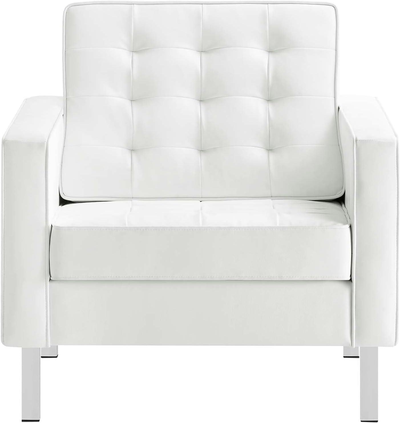 Modway Loft Tufted Vegan Leather Upholstered Living Room Armchair in Silver White