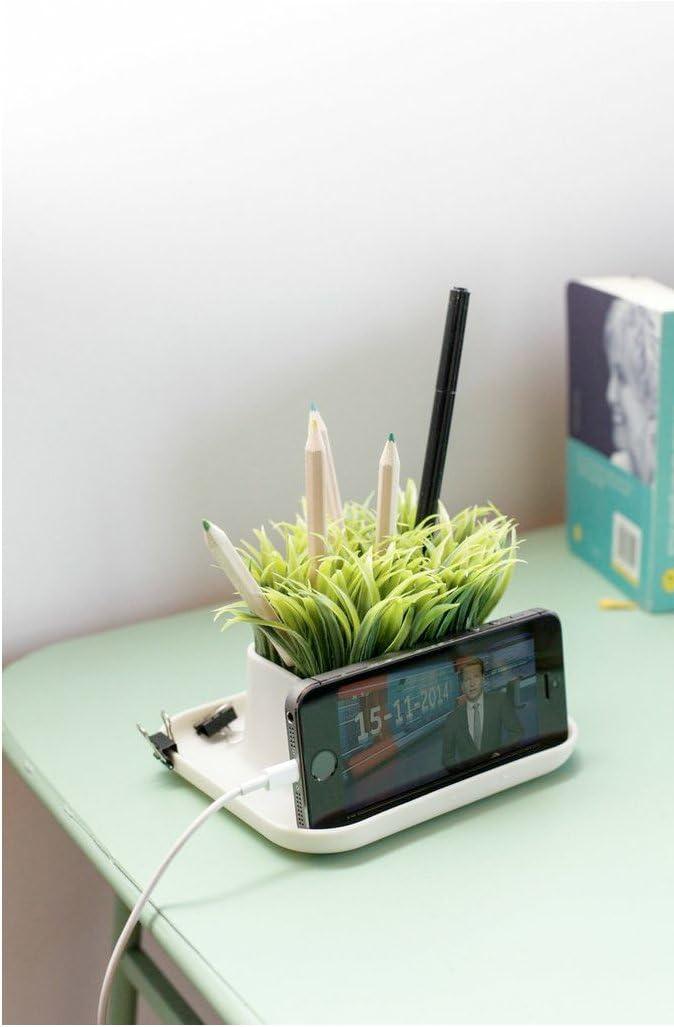 Beige Faux Grass Pen and Phone Stand with Tray