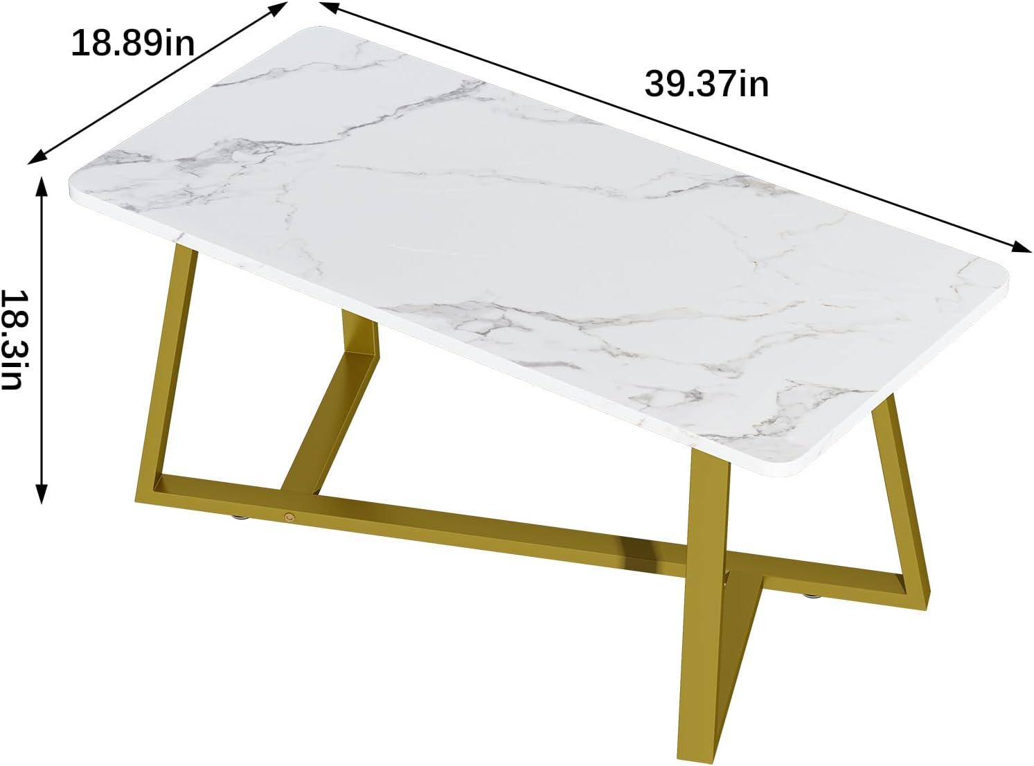 White Faux Marble Rectangular Coffee Table with Gold Metal Legs