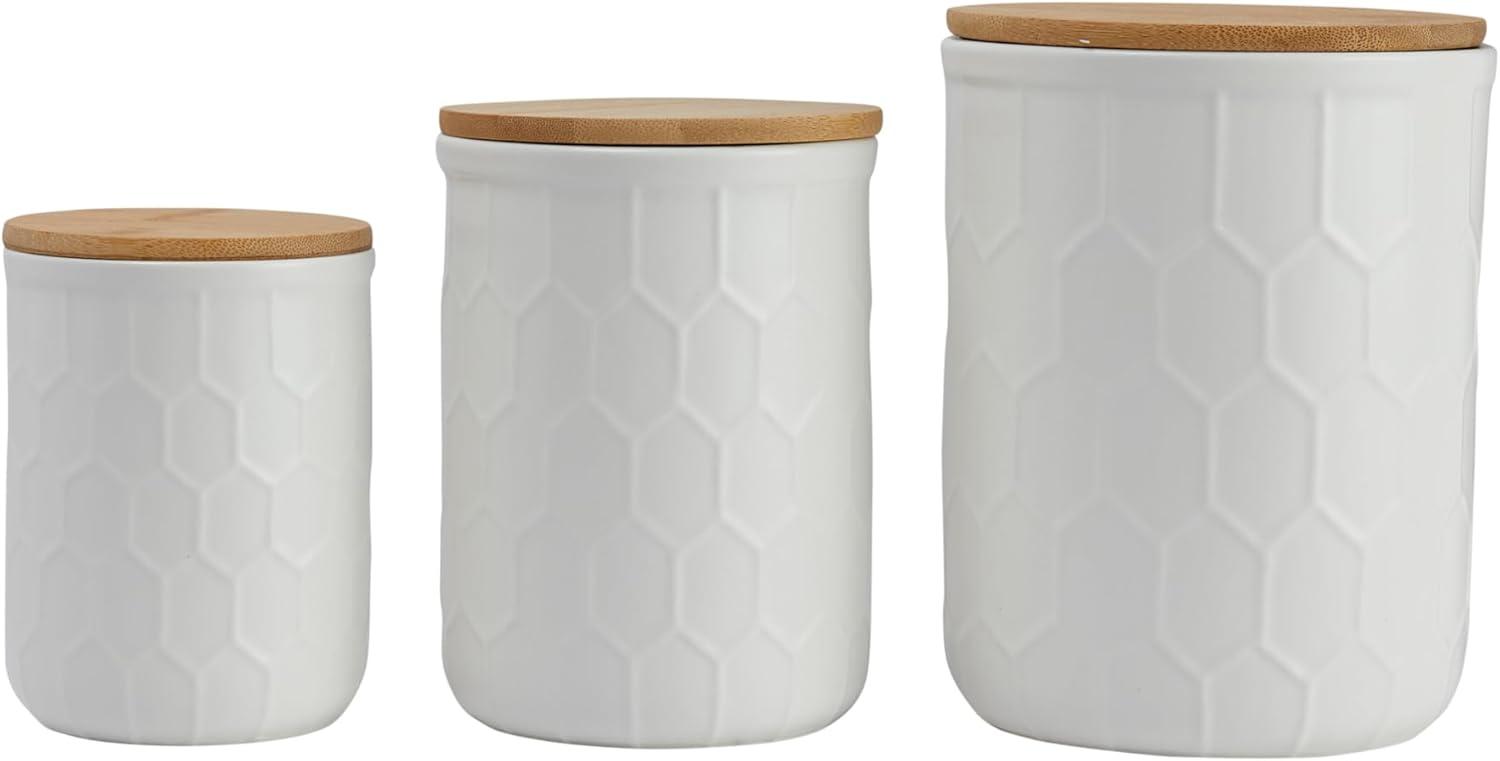 White Honeycomb Ceramic Canister Set with Bamboo Lids